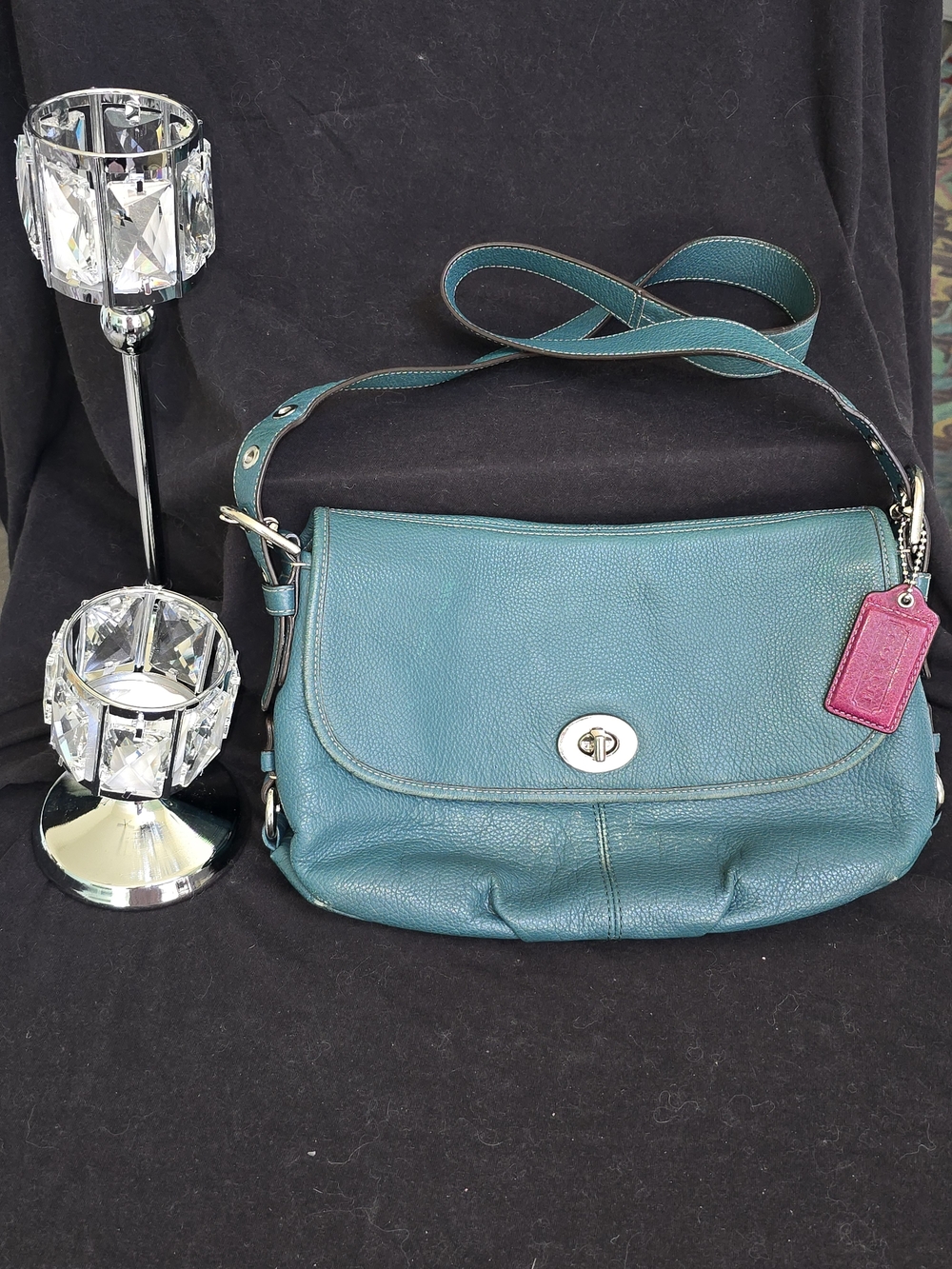 Coach Teal Pebbled Leather Shoulder Bag with Pink Tag
